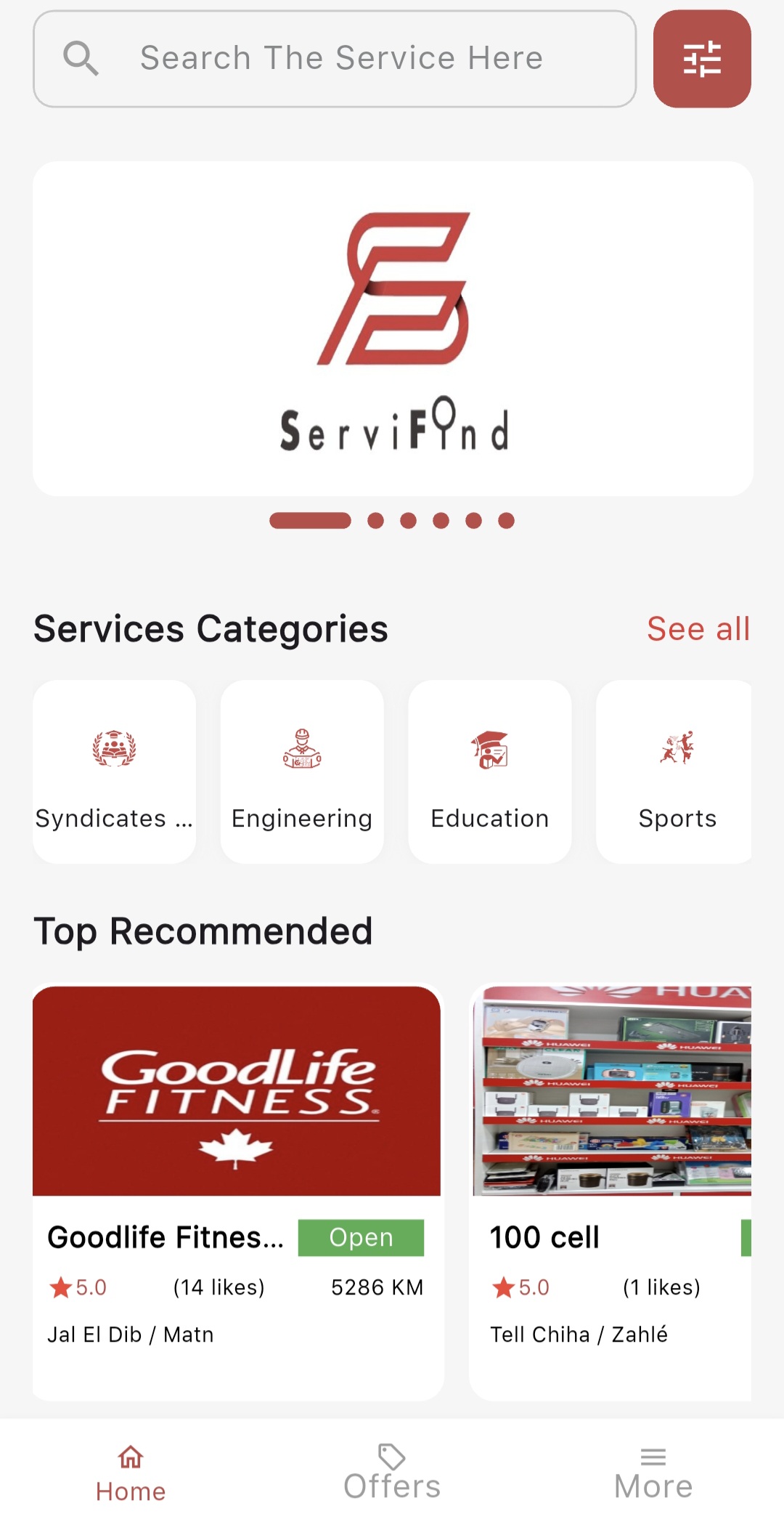 ServiFind home screen
